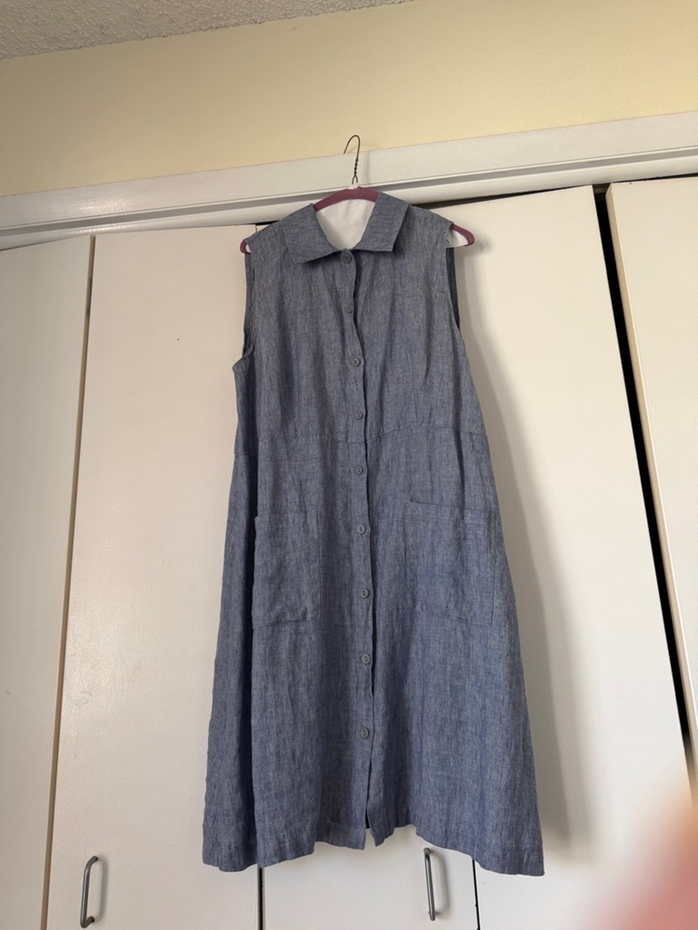 Flax Chambray Blue Sleeveless Button-Front Midi Dress